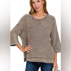 Brown mineral acid Wash 3/4 sleeve knit crochet dolman boho bohemian sweater top
